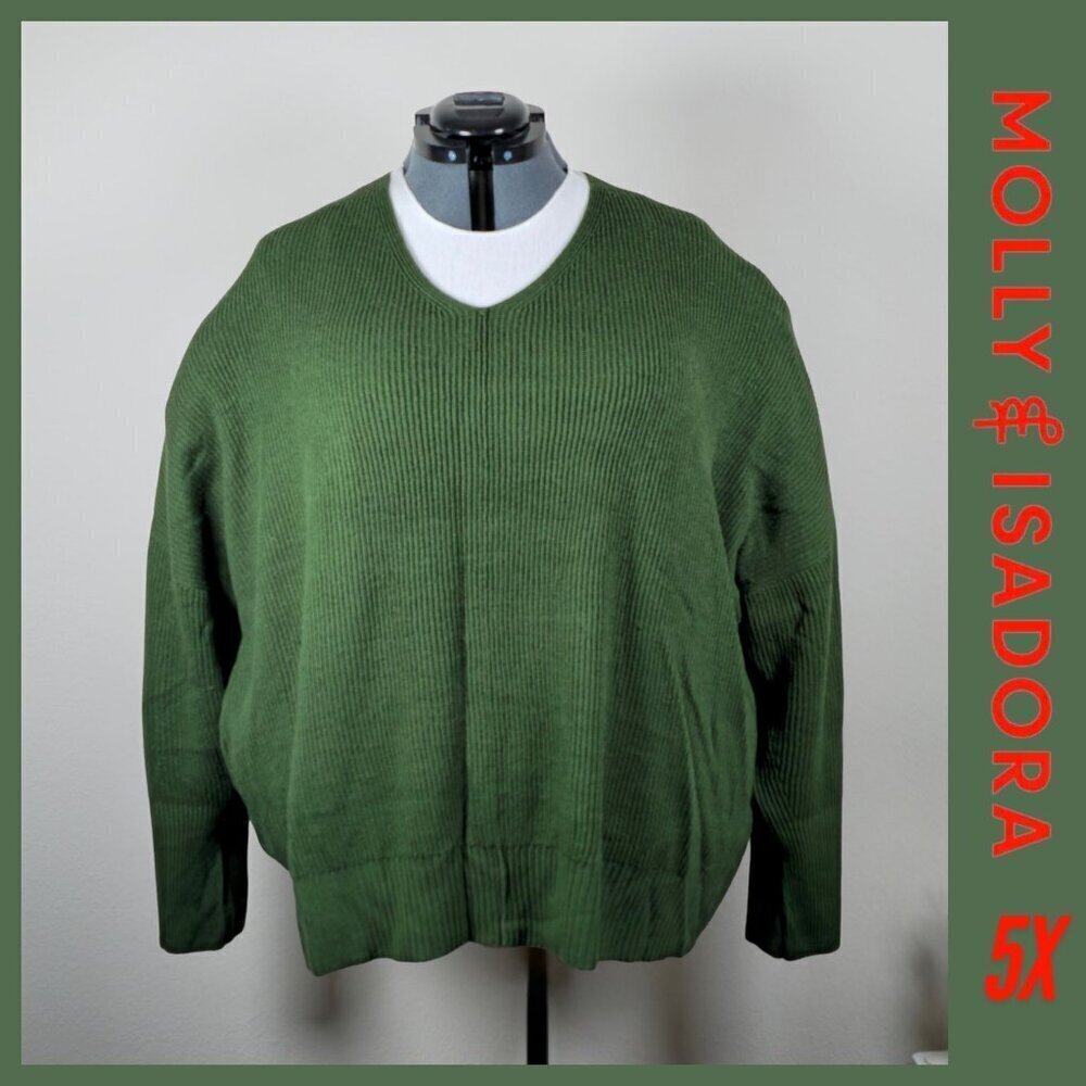 Molly & Isadora Green Ribbed V-Neck‎ Pullover Sweater 5X (EUC)